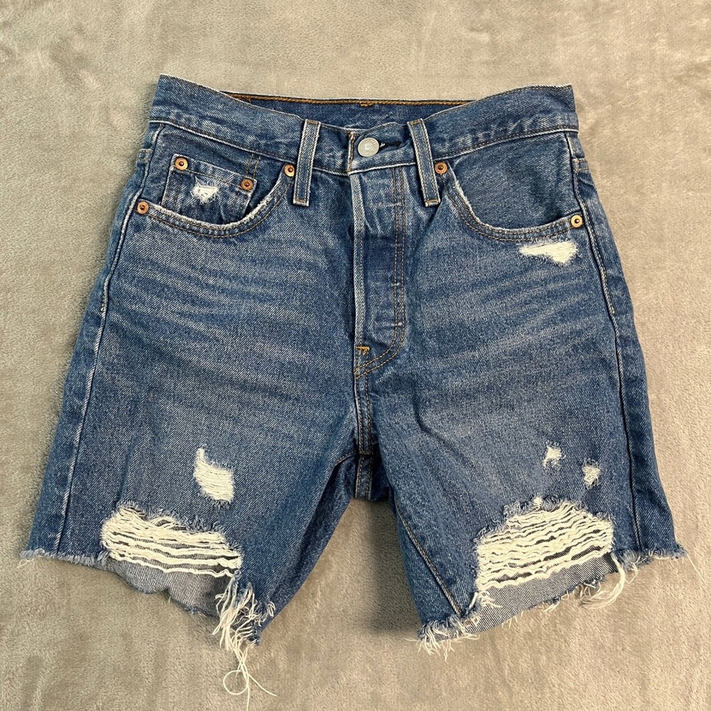 Levis 501 Distressed Denim Jean Shorts Blue W24x6 Womens Festival Cut Off Beach
